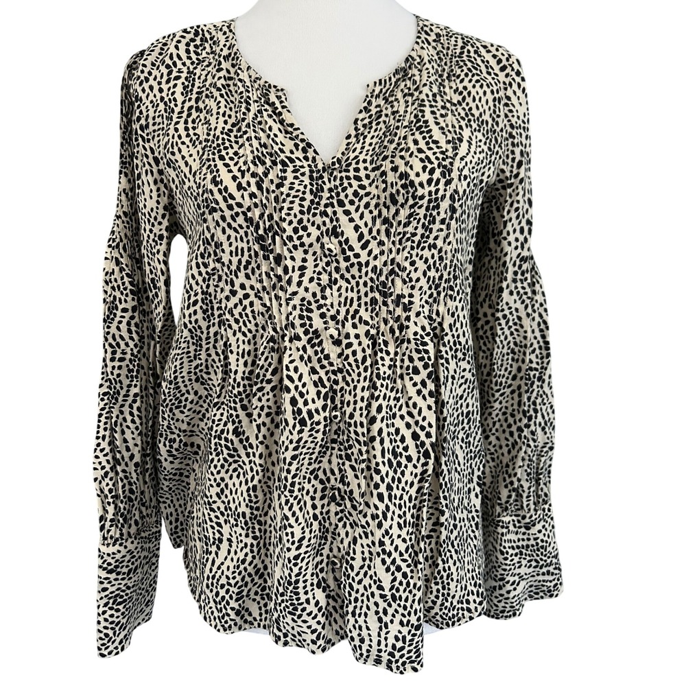 Simply Vera Vera Wang Women XS Animal Print Pintuck Pleated Blouse‎ Black Cream